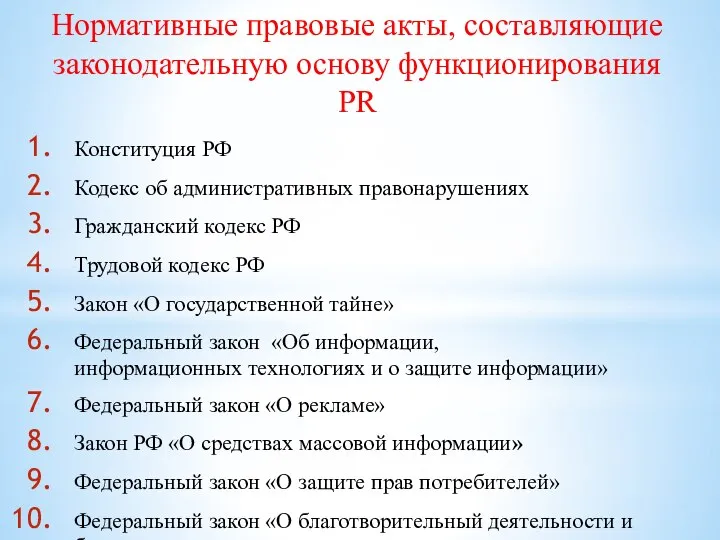 Нормативные правовые акты, составляющие законодательную основу функционирования PR Конституция РФ Кодекс
