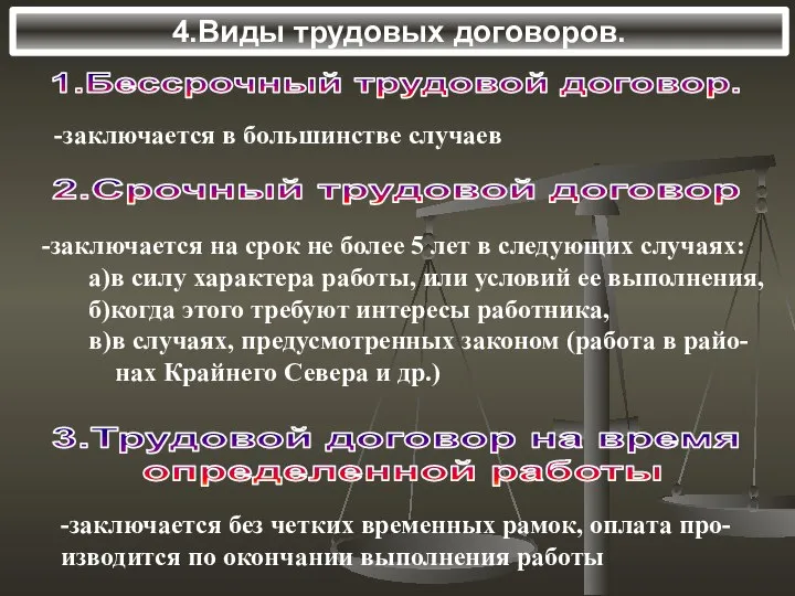 4.Виды трудовых договоров. 1.Бессрочный трудовой договор. -заключается в большинстве случаев 2.Срочный