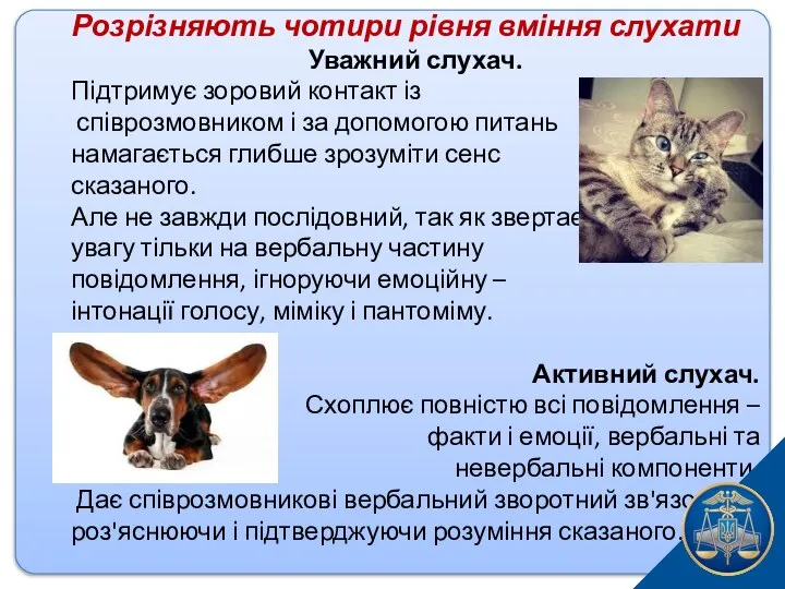 Розрізняють чотири рівня вміння слухати Уважний слухач. Підтримує зоровий контакт із