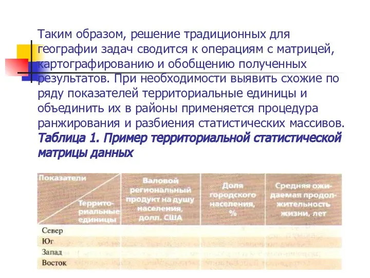 Таким образом, решение традиционных для географии задач сводится к операциям с