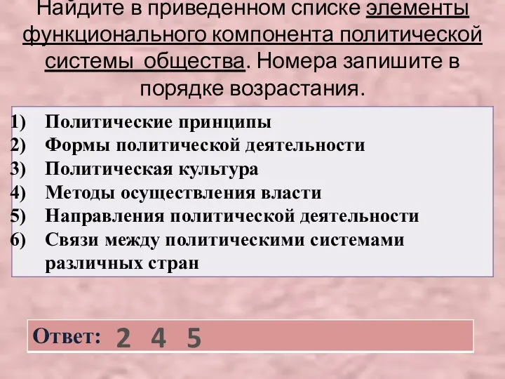 Найдите в приведенном списке элементы функционального компонента политической системы общества. Номера