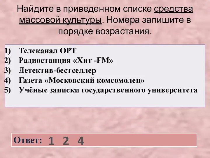 Найдите в приведенном списке средства массовой культуры. Номера запишите в порядке возрастания. 1 2 4