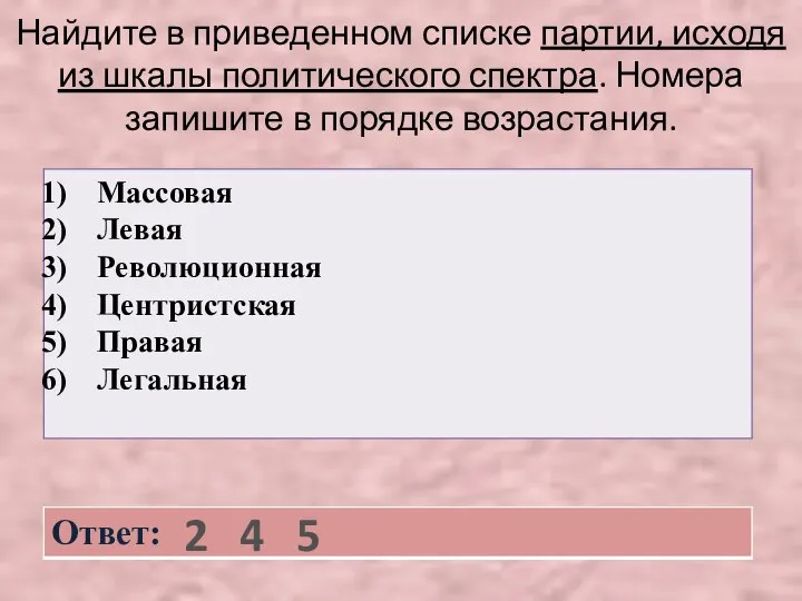 Найдите в приведенном списке партии, исходя из шкалы политического спектра. Номера