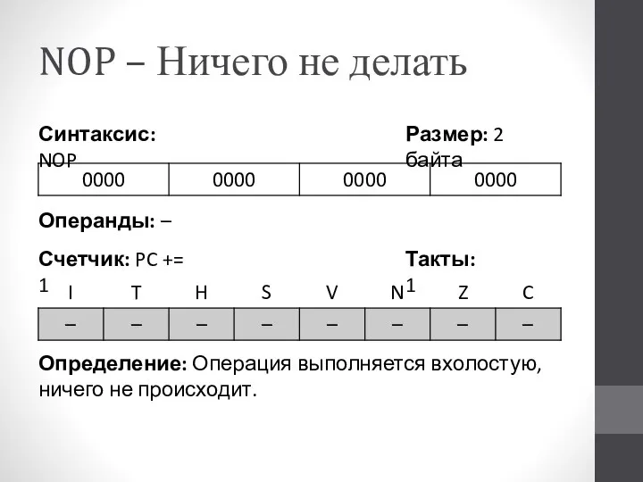 NOP – Ничего не делать Определение: Операция выполняется вхолостую, ничего не