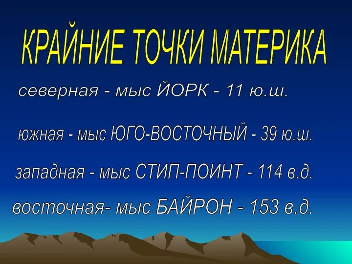 КРАЙНИЕ ТОЧКИ МАТЕРИКА северная - мыс ЙОРК - 11 ю.ш. южная