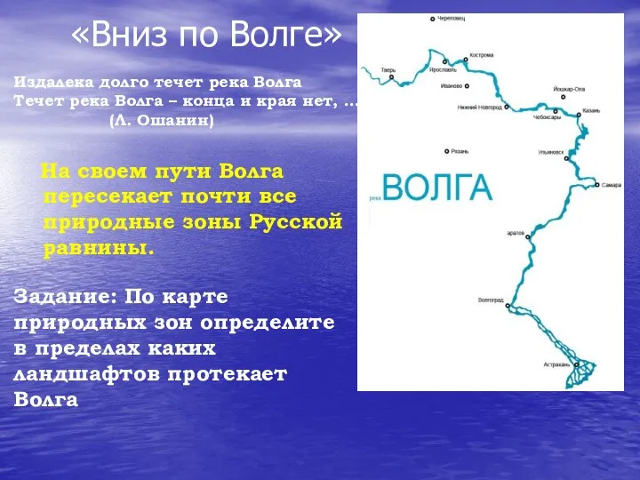 «Вниз по Волге» На своем пути Волга пересекает почти все природные