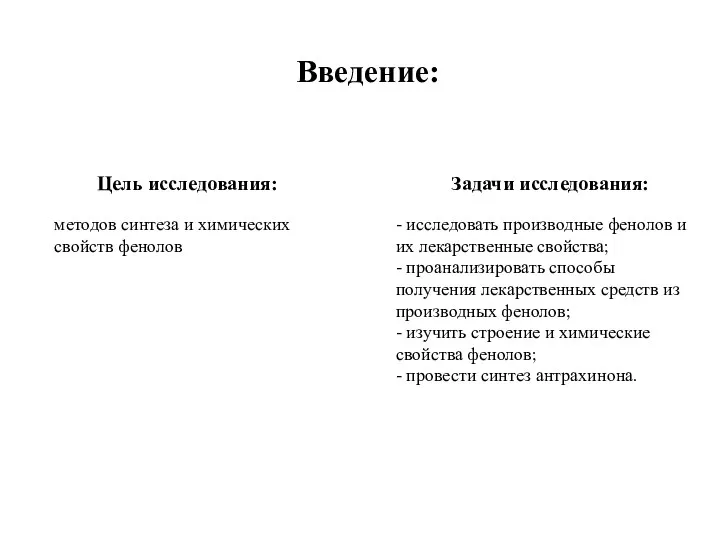 Введение: Цель исследования: Задачи исследования: методов синтеза и химических свойств фенолов