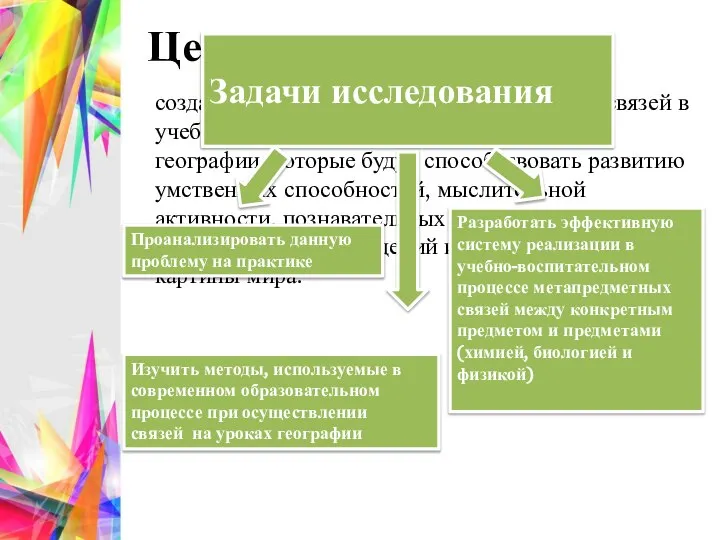 Цель исследования создать условия в системе метапредметных связей в учебно-воспитательном процессе