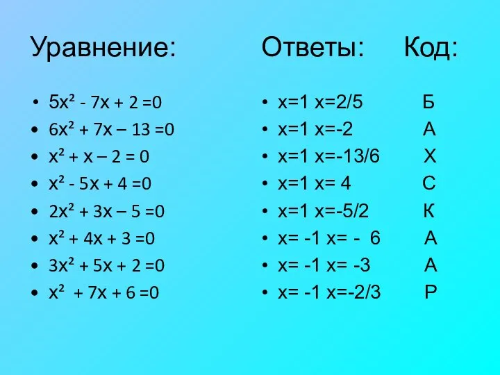 Уравнение: Ответы: Код: 5х² - 7х + 2 =0 6х² +