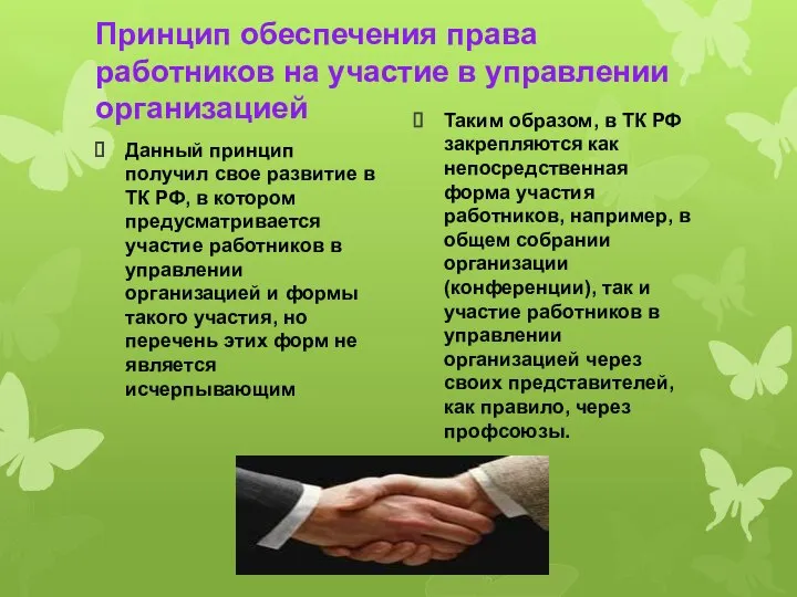 Принцип обеспечения права работников на участие в управлении организацией Данный принцип