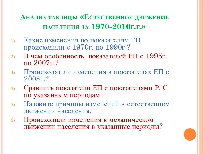 Анализ таблицы «Естественное движение населения за 1970-2010г.г.» Какие изменения по показателям