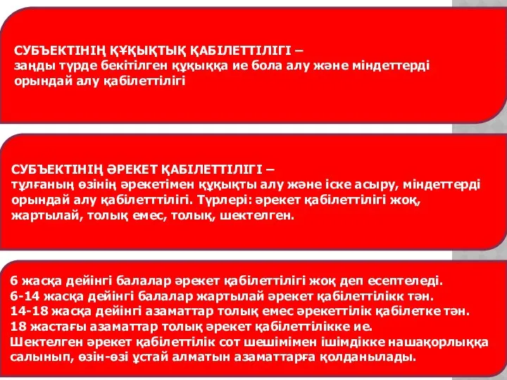 СУБЪЕКТІНІҢ ҚҰҚЫҚТЫҚ ҚАБІЛЕТТІЛІГІ – заңды түрде бекітілген құқыққа ие бола алу