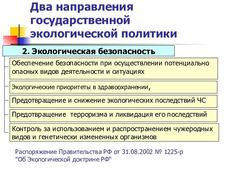 Два направления государственной экологической политики Распоряжение Правительства РФ от 31.08.2002 №