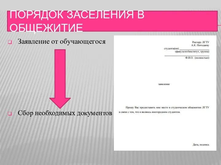 ПОРЯДОК ЗАСЕЛЕНИЯ В ОБЩЕЖИТИЕ Заявление от обучающегося Сбор необходимых документов