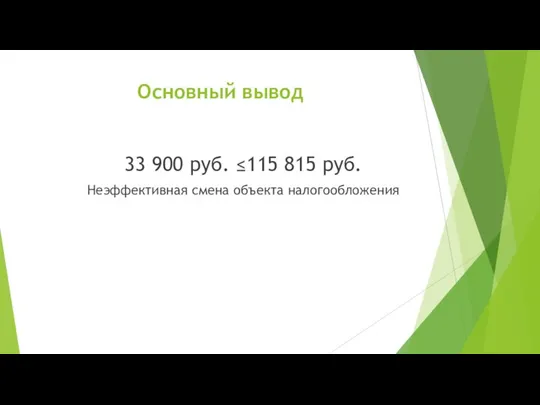 Основный вывод 33 900 руб. ≤115 815 руб. Неэффективная смена объекта налогообложения