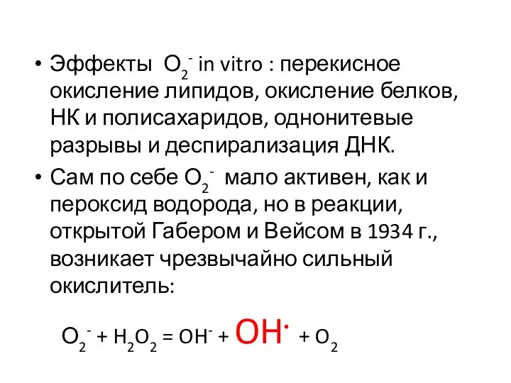 Эффекты О2- in vitro : перекисное окисление липидов, окисление белков, НК