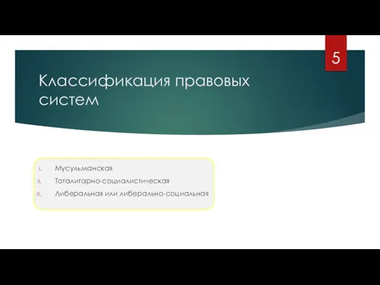 Классификация правовых систем Мусульманская Тоталитарно-социалистическая Либеральная или либерально-социальная 5