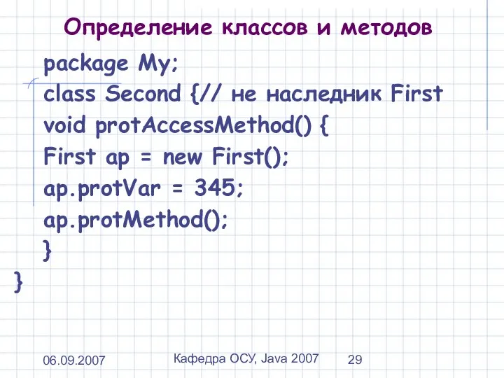 06.09.2007 Кафедра ОСУ, Java 2007 Определение классов и методов package My;