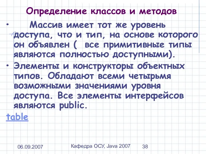 06.09.2007 Кафедра ОСУ, Java 2007 Определение классов и методов Массив имеет