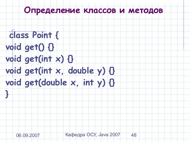 06.09.2007 Кафедра ОСУ, Java 2007 Определение классов и методов class Point