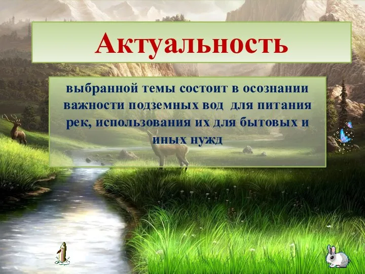 Актуальность выбранной темы состоит в осознании важности подземных вод для питания