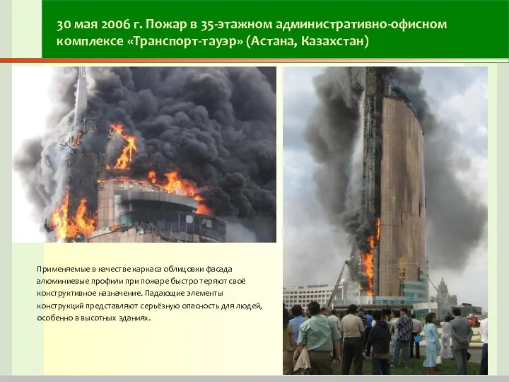 30 мая 2006 г. Пожар в 35-этажном административно-офисном комплексе «Транспорт-тауэр» (Астана,