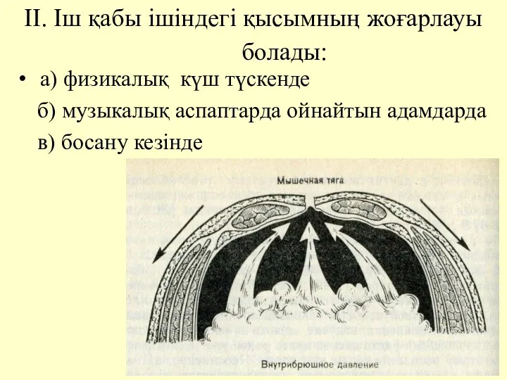 II. Iш қабы iшiндегi қысымның жоғарлауы болады: а) физикалық күш түскенде