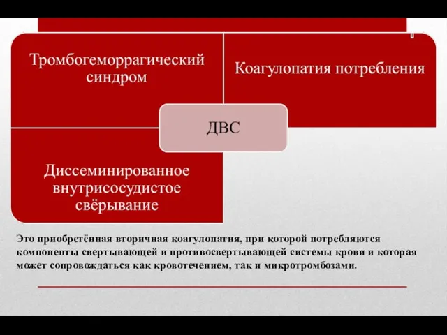 Это приобретённая вторичная коагулопатия, при которой потребляются компоненты свертывающей и противосвертывающей