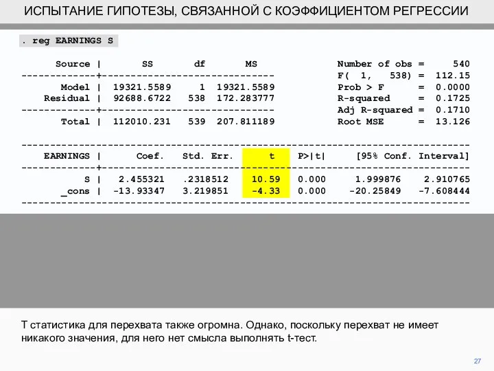 27 T cтатистика для перехвата также огромна. Однако, поскольку перехват не