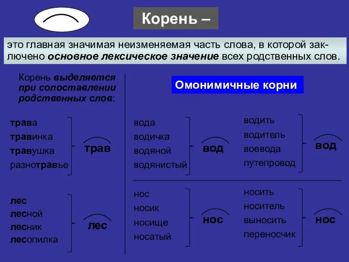 Корень – это главная значимая неизменяемая часть слова, в которой зак-лючено