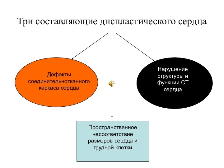 Три составляющие диспластического сердца Дефекты соединительнотканного каркаса сердца Нарушение структуры и