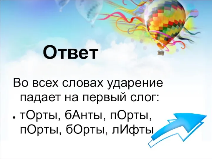 Ответ Во всех словах ударение падает на первый слог: тОрты, бАнты, пОрты, пОрты, бОрты, лИфты