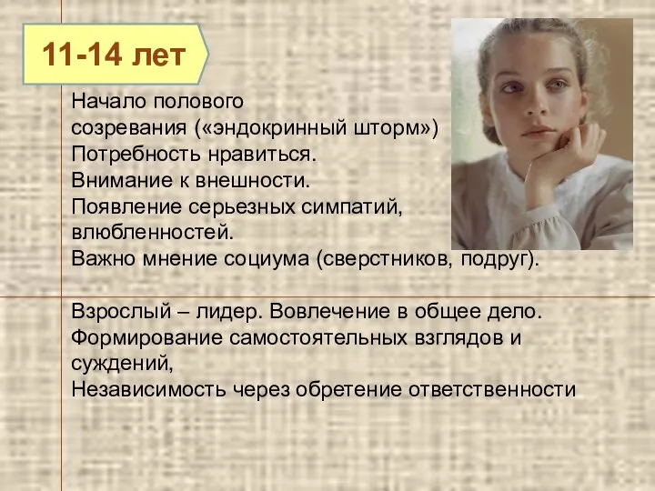 Начало полового созревания («эндокринный шторм») Потребность нравиться. Внимание к внешности. Появление