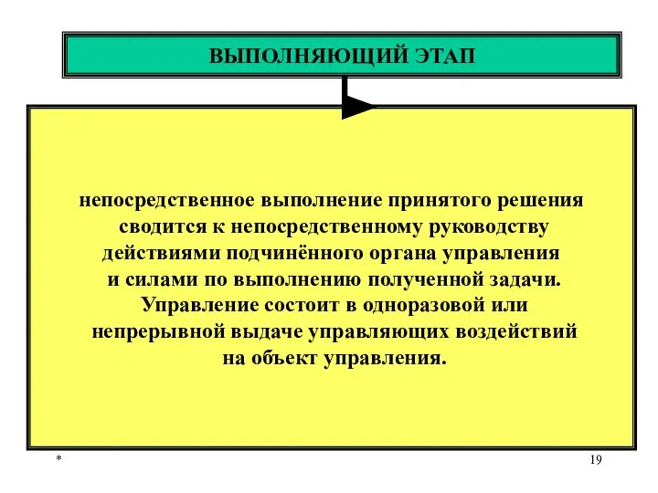 * ВЫПОЛНЯЮЩИЙ ЭТАП непосредственное выполнение принятого решения сводится к непосредственному руководству