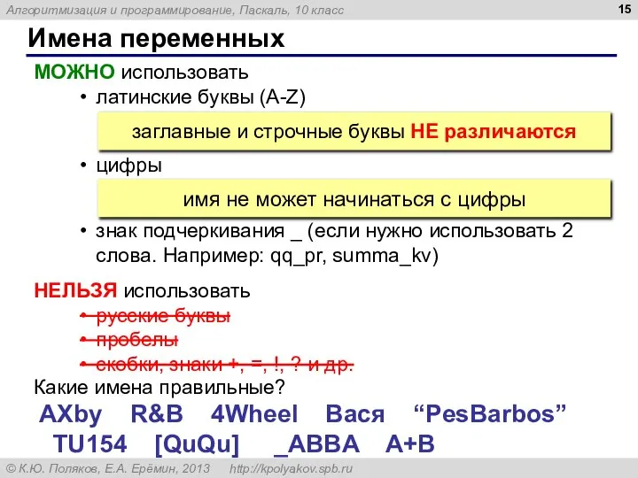 Имена переменных МОЖНО использовать латинские буквы (A-Z) цифры знак подчеркивания _