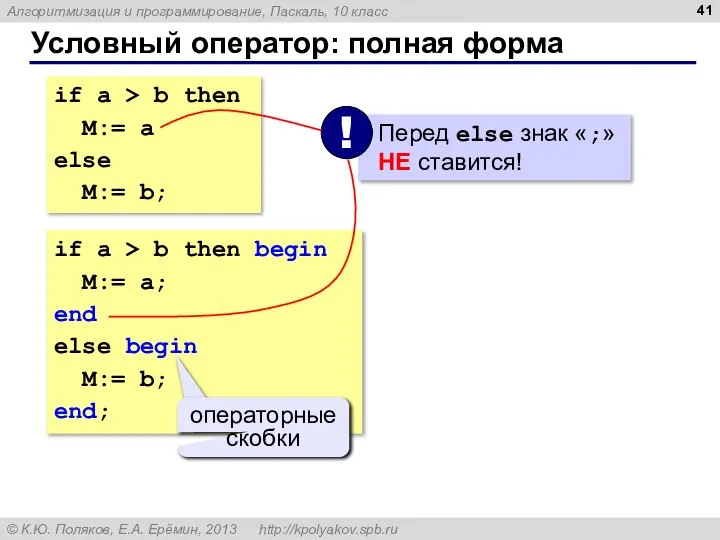 Условный оператор: полная форма if a > b then M:= a