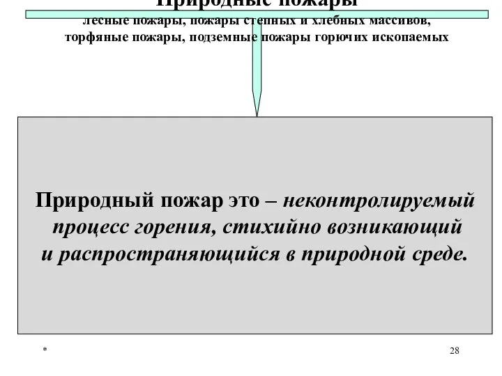 * Природные пожары лесные пожары, пожары степных и хлебных массивов, торфяные