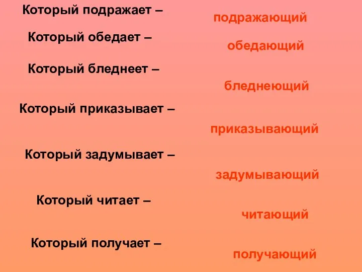 Который подражает – обедающий Который бледнеет – Который приказывает – Который