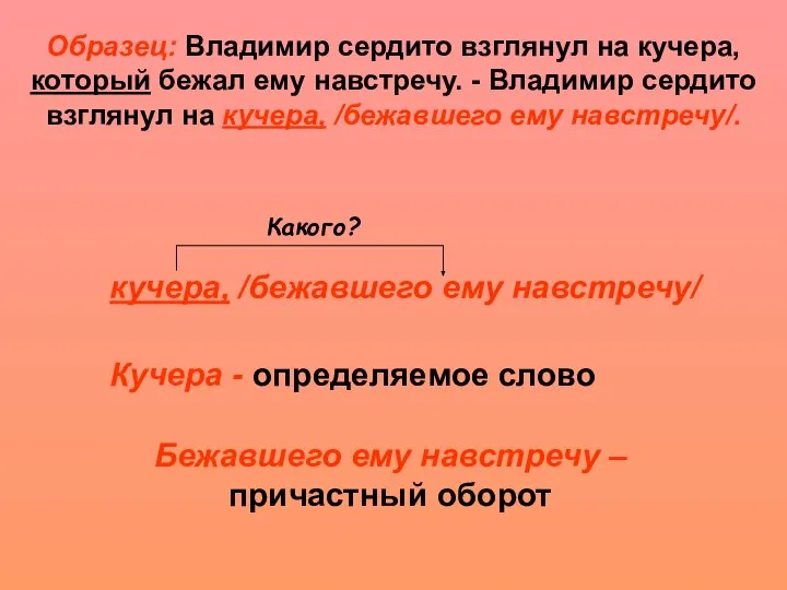 Образец: Владимир сердито взглянул на кучера, который бежал ему навстречу. -