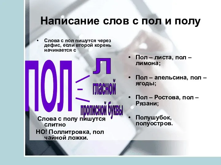 Написание слов с пол и полу Слова с пол пишутся через