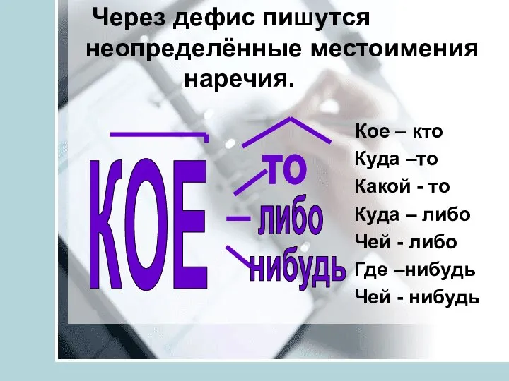 Через дефис пишутся неопределённые местоимения наречия. Кое – кто Куда –то