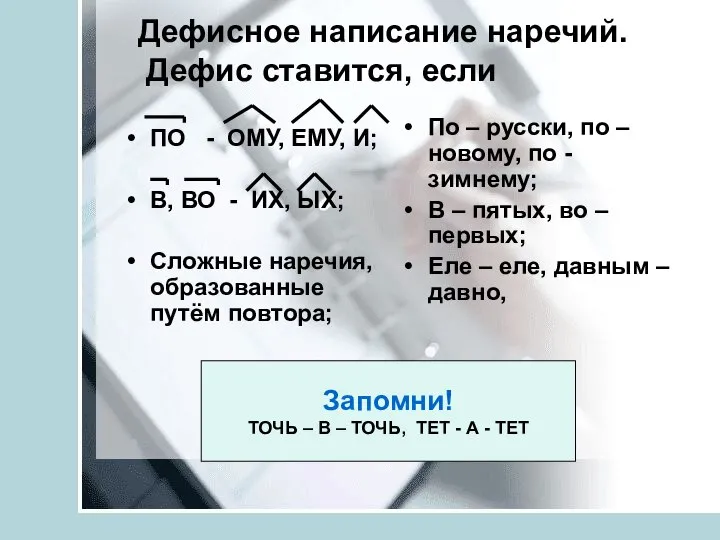 Дефисное написание наречий. Дефис ставится, если ПО - ОМУ, ЕМУ, И;