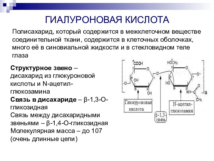 ГИАЛУРОНОВАЯ КИСЛОТА Полисахарид, который содержится в межклеточном веществе соединительной ткани, содержится