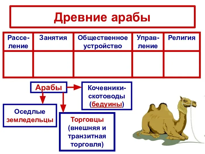 Древние арабы Арабы Оседлые земледельцы Кочевники- скотоводы (бедуины) Торговцы (внешняя и транзитная торговля)