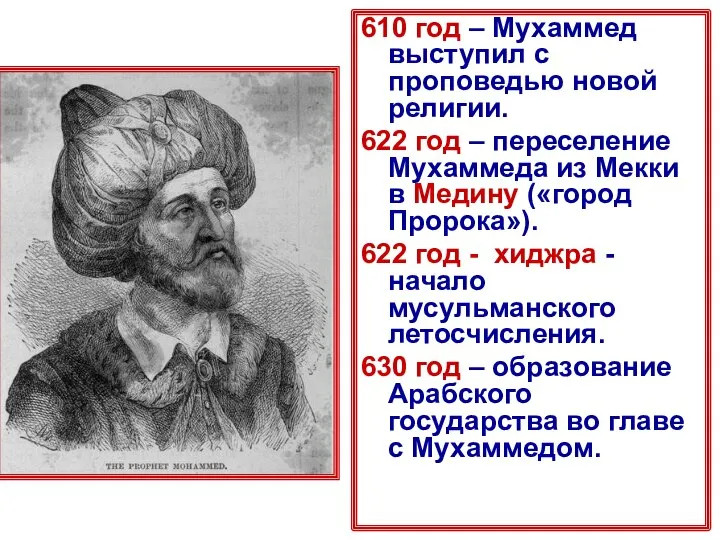 610 год – Мухаммед выступил с проповедью новой религии. 622 год