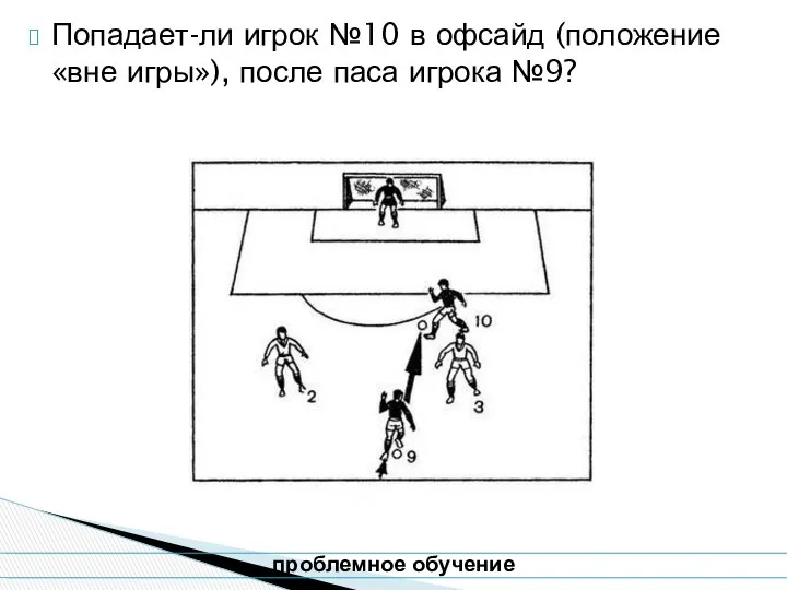 Попадает-ли игрок №10 в офсайд (положение «вне игры»), после паса игрока №9? проблемное обучение