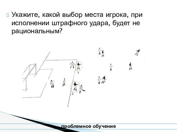 Укажите, какой выбор места игрока, при исполнении штрафного удара, будет не рациональным? проблемное обучение