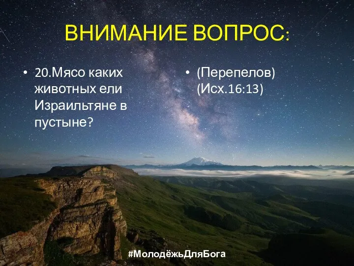 ВНИМАНИЕ ВОПРОС: 20.Мясо каких животных ели Израильтяне в пустыне? (Перепелов) (Исх.16:13) #МолодёжьДляБога