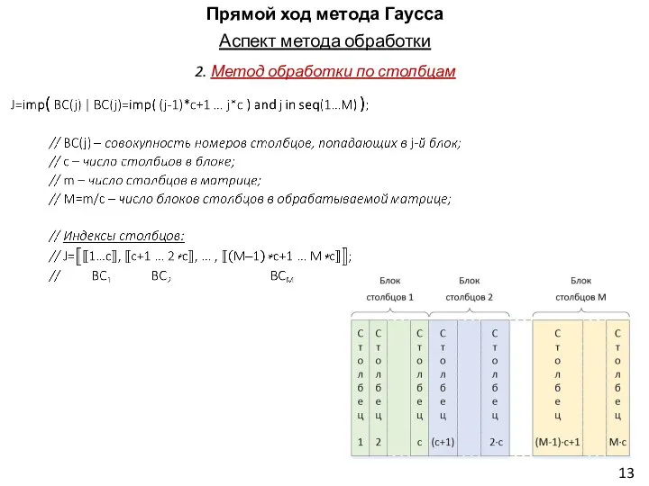 Прямой ход метода Гаусса Аспект метода обработки 2. Метод обработки по столбцам 13