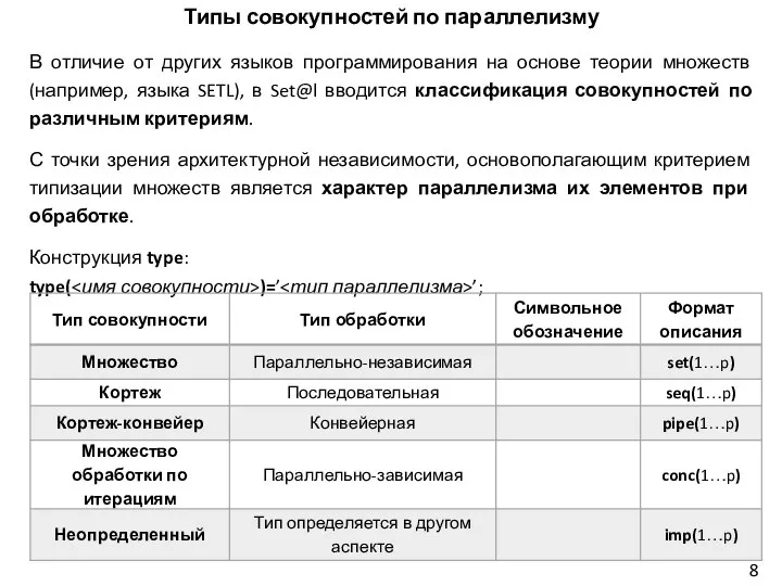 Типы совокупностей по параллелизму 8 В отличие от других языков программирования